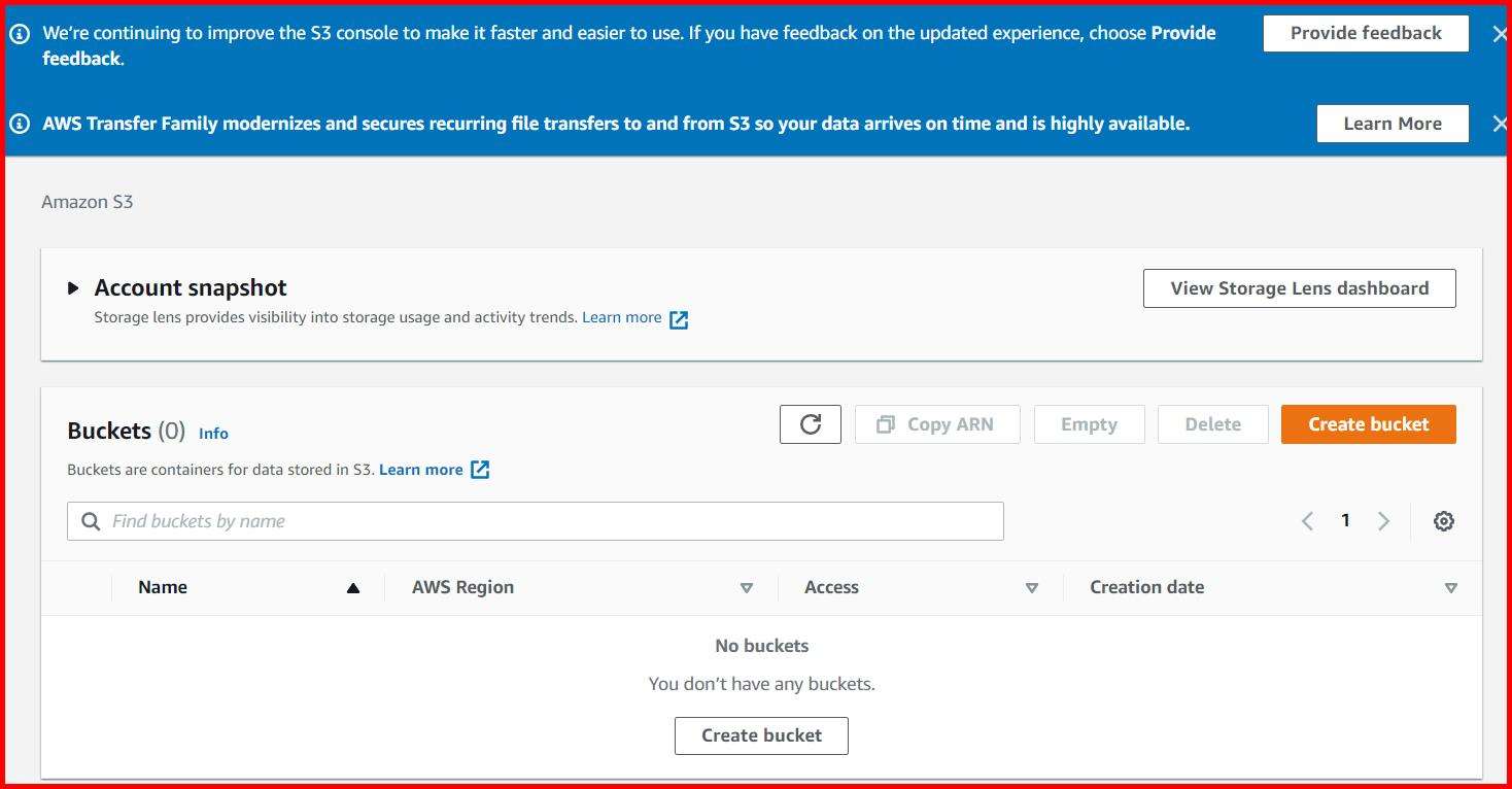 Picture showing the Create bucket button for navigating to the bucket creation screen